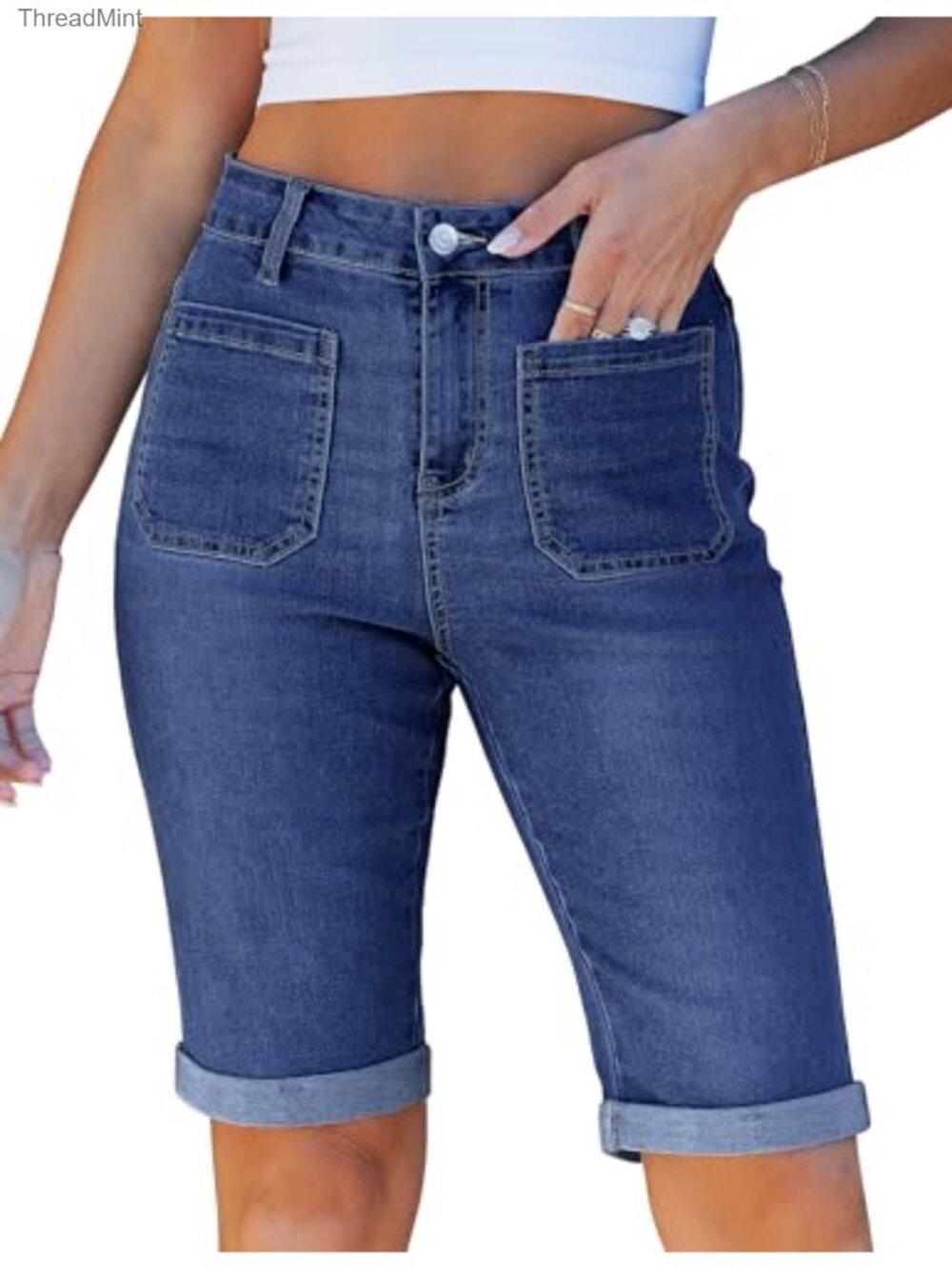 Women's High Waist Patch Pocket Denim Bermuda Shorts Knee Length Cuffed